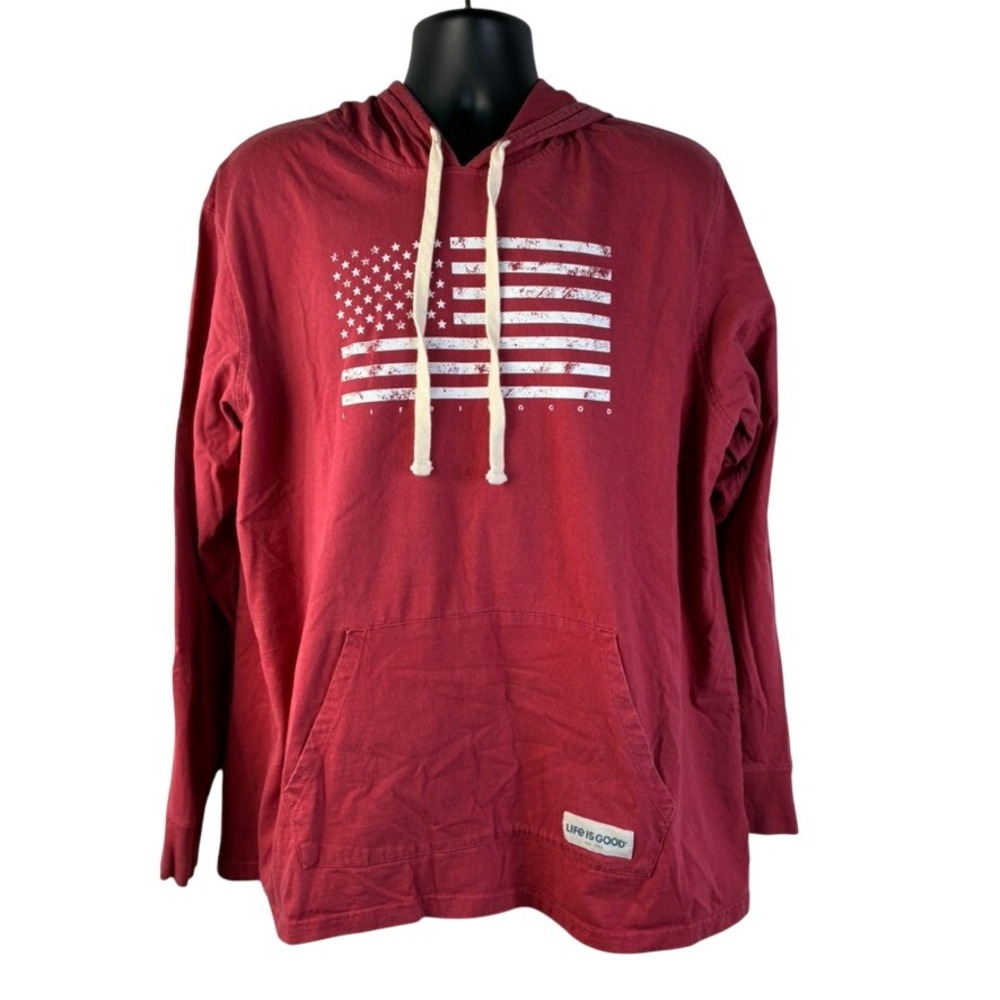 Life is Good Men's XL Red American Flag Long Sleeve Hooded T-Shirt Lightweight